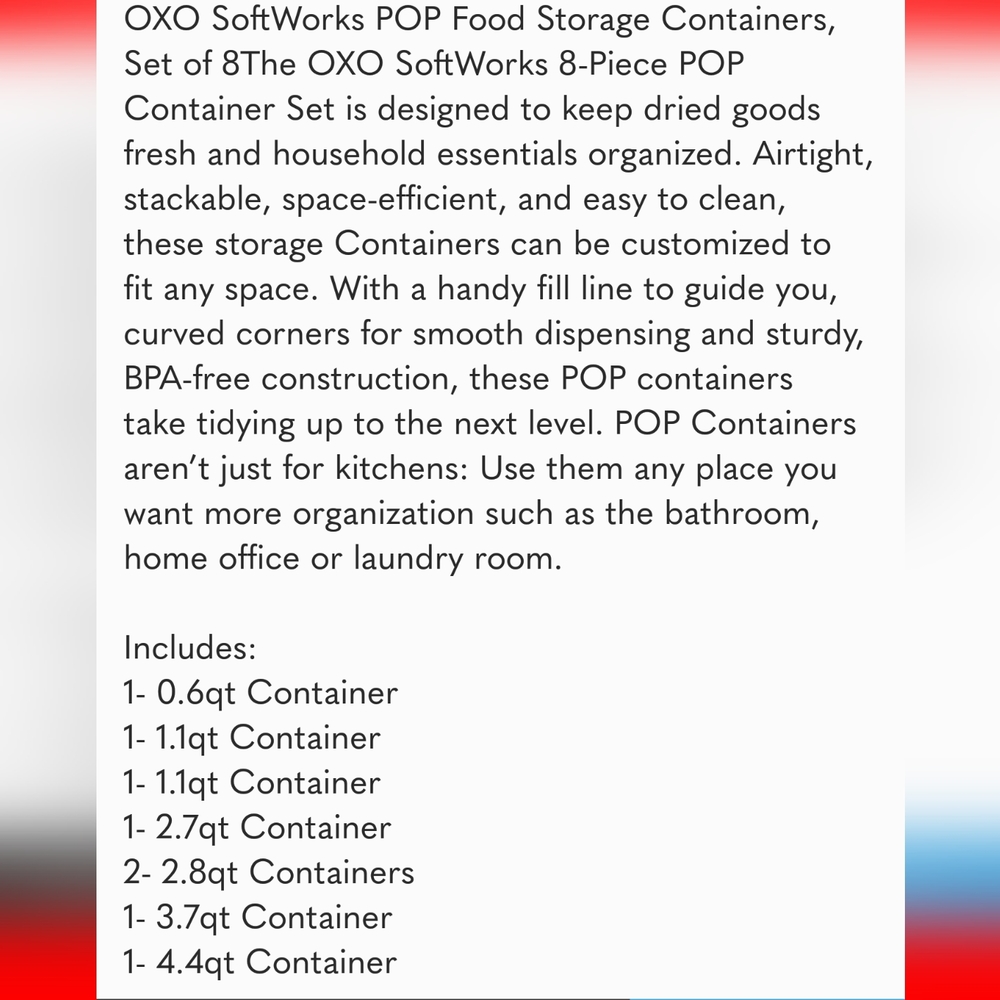 OXO SoftWorks 8-Piece POP Food Storage Container Set - Picture 8 of 8